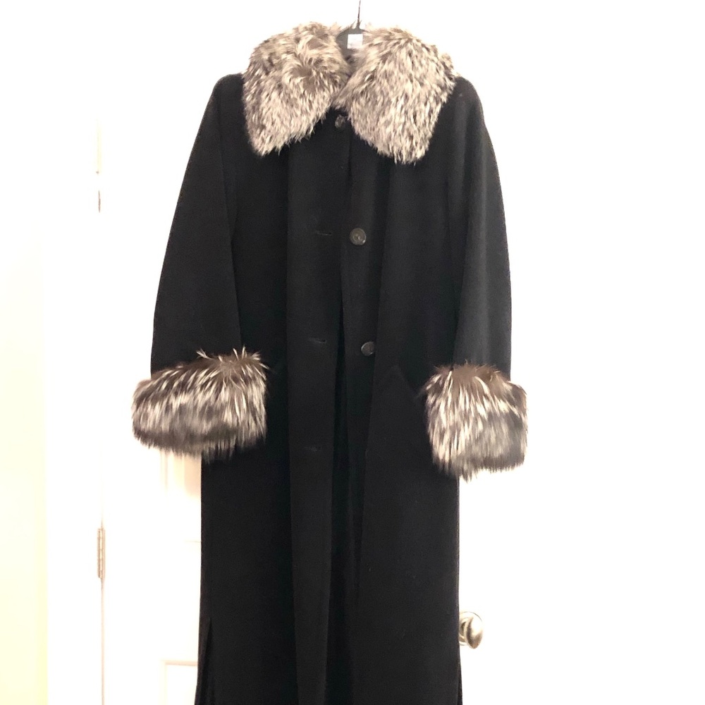 Black Wool Coat with Fox Trim